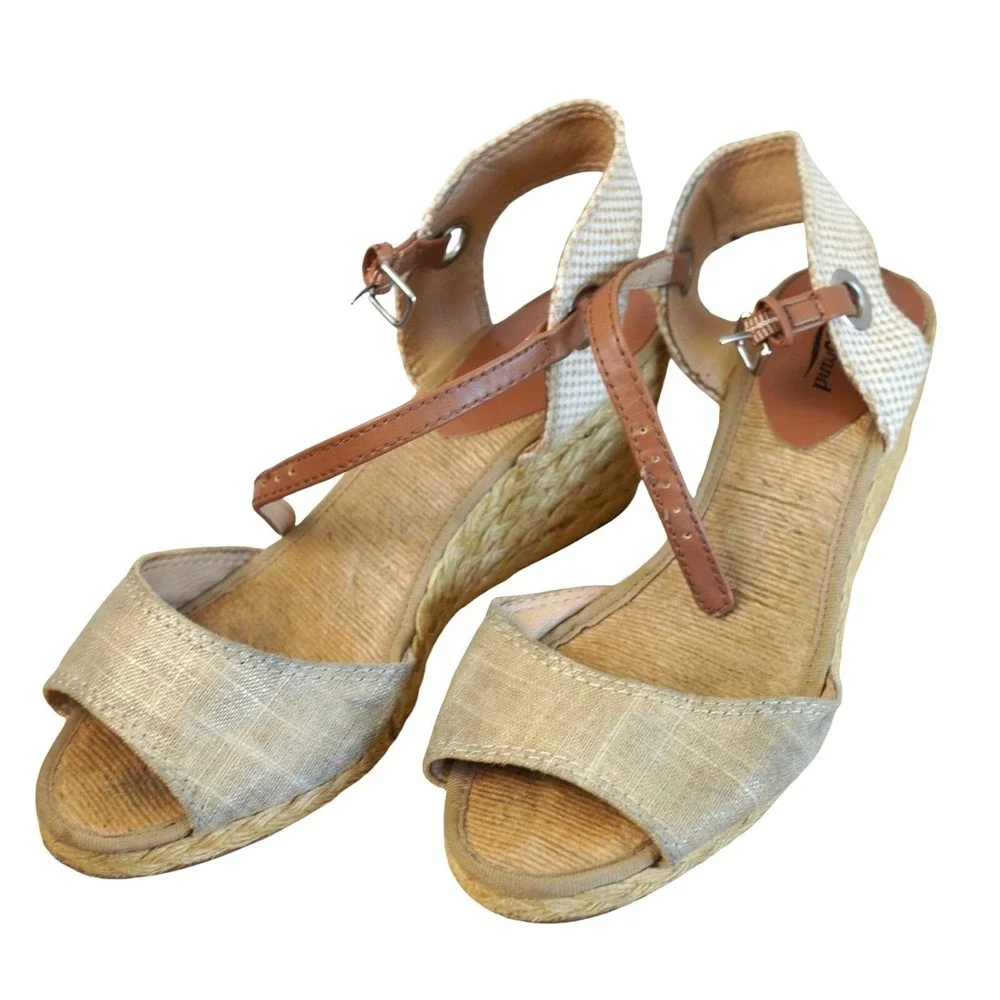 Lucky Brand Espadrille Wedge Sandals Womens 8.5 Tan Jute Ankle Strap Boho Beachy